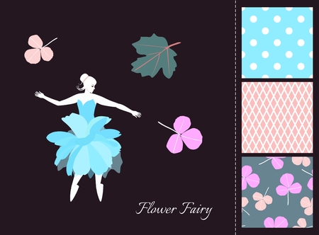 Beautiful fairy girl in skirt - flower. Card and set of seamless patterns in summer colors. Fashion design for clothing. Vector illustration.のイラスト素材