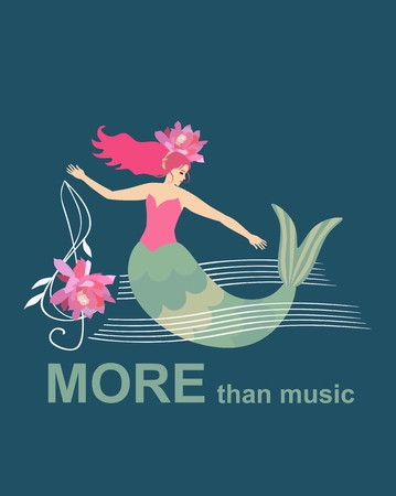 Dive into the music. Mermaid floating among the waves depicted in the form of musical rulers and a treble clef in the form of a pink flower. Template for banner in vector. Text "More than music".のイラスト素材