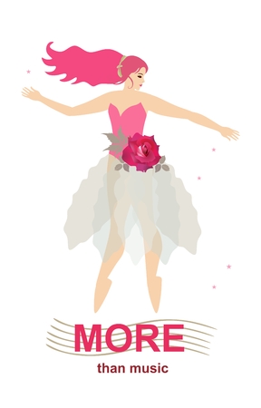 More than music. Vertical banner with sexy young ballerina with red rose dancing on stylized musical rulers isolated on white background in vector.のイラスト素材