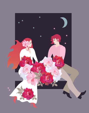 Young loving couple sitting by the window with a bouquet of roses at night. Wedding invitation, Valentine's Day greeting card. Vector.のイラスト素材