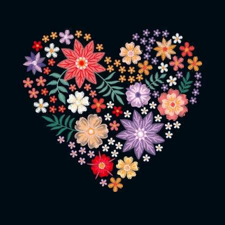 Embroidery heart from flowers. Romantic template for wedding invitation or greeting card. Beautiful vector illustration.のイラスト素材