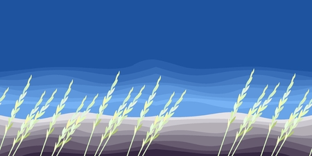 Rural landscape. The wind waves the grass against the background of the plowed field and the blue sky. Vector illustration.のイラスト素材