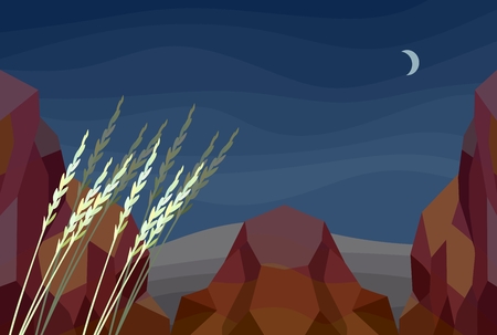 Mountain landscape with a small moon in the night sky and ears of cereals in the foreground in the vector. Horizontal print.のイラスト素材