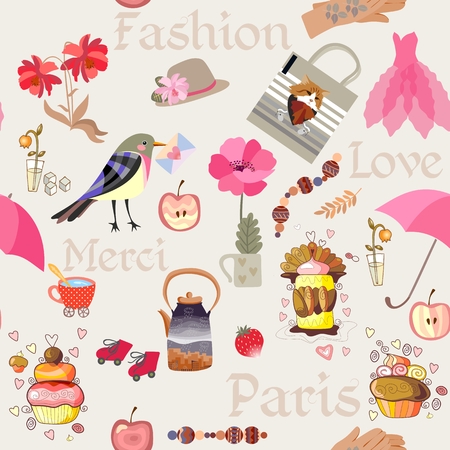 Seamless background with cute cartoon bird, envelope, heart, bag, dress, hat, umbrella, roller skates, cakes, cup of tea, apples, strawberry, flowers and words Paris, fashion, merci, love. Fabric.のイラスト素材
