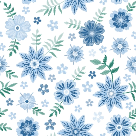 Embroidery seamless pattern with beautiful blue flowers on white background. Fashion design. Vector embroidered illustration.のイラスト素材