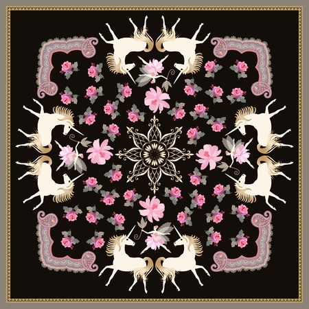 Beautiful shawl with white unicorns and fairy ballerina, ornamental frame, golden mandala, pink garden flowers on black background in vector.のイラスト素材