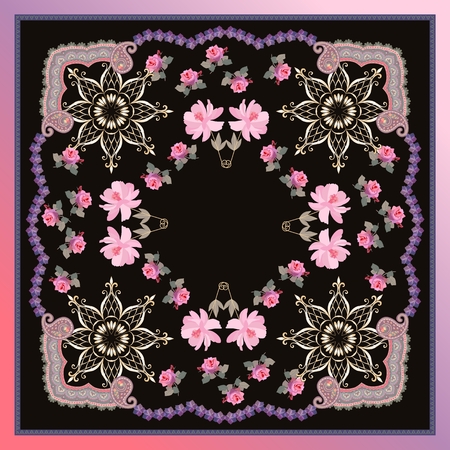 Square shawl with pink rose and cosmos flowers, gplden mandala and ornamental frame on black background in vector.のイラスト素材