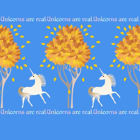 Cute seamless pattern with white unicorns, autumn trees and decorative text isolated on  sky blue background in vector. Beautiful border. Print for fabric, wallpaper.のイラスト素材