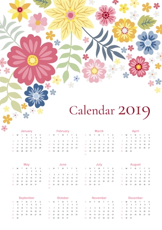 Cute calendar for 2019 year. Week starts on sunday. Vector template with bright floral ornament of colorful flowers and leaves.のイラスト素材