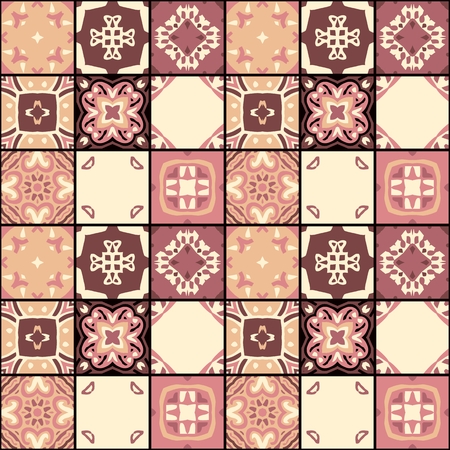Seamless patchwork pattern from square patches with symmetric ethnic ornament. Vector illustration.のイラスト素材