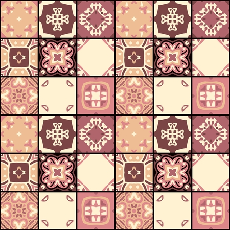 Seamless patchwork pattern from square patches with symmetric ethnic ornament. Vector illustration.の素材 [FY310113564336]