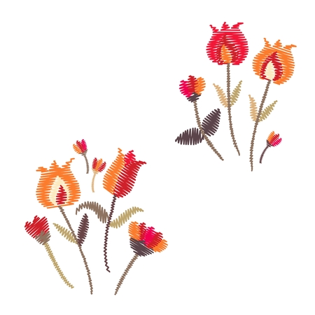 Embroidery. Two floral compositions isolated on white background. Bouquets with flowers in folk style.のイラスト素材