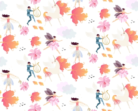 Magic seamless pattern witn winged unicorns, autumn leaves, elves, fairies, gentle pink flowers, clouds and birds isolated on white background in vector.のイラスト素材
