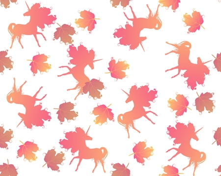 Seamless pattern with orange silhouette of unicorns and viburnum leaves isolated on white background in vector. Print for fabric, wallpaper.のイラスト素材