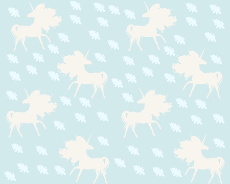 Simple endless pattern with silhouettes of unicorns and falling oak leaves on light blue background in vector. Print for fabric.のイラスト素材