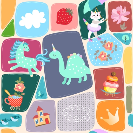 Seamless patchwork pattern with cute dino, pony, kitten, castle, clouds, crown, birds, butterfly,trees, cup of tea and flowers in vector. Ornament for baby.のイラスト素材