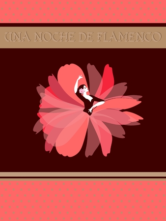 Spanish flamenco dancer dressed in skirt in the form of luxurious red flower on  brown background in vector. Flamenco night (Spanish text). Invitation card, poster or design of chocolate packaging.のイラスト素材