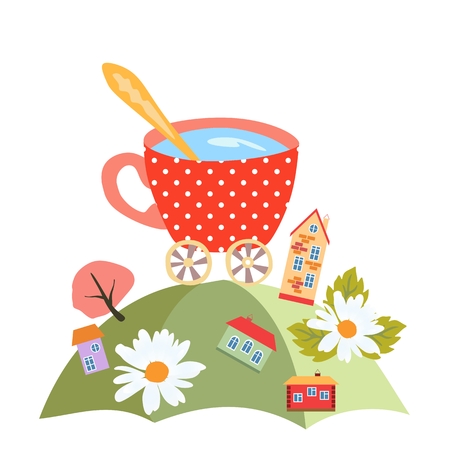 Funny country landscape with little buildings and big cup of water isolated on white background in vector. Square fairytale card for baby.のイラスト素材