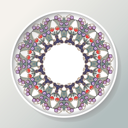 Beautiful decorative plate with round ornament from bell flowers. Vector illustration.のイラスト素材