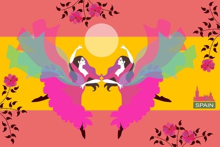 Attractive Women dressed in traditional costumes, dancing flamenco on stylized spanish flag background.のイラスト素材