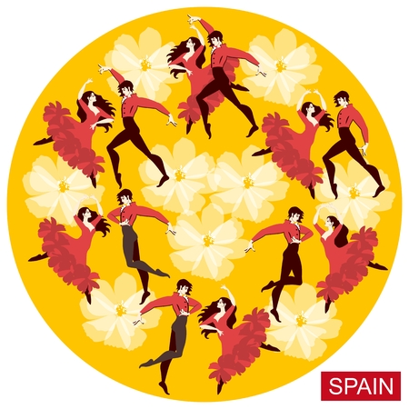 Several spanish couples in national costumes dancing flamenco on a round yellow background in the vector.のイラスト素材