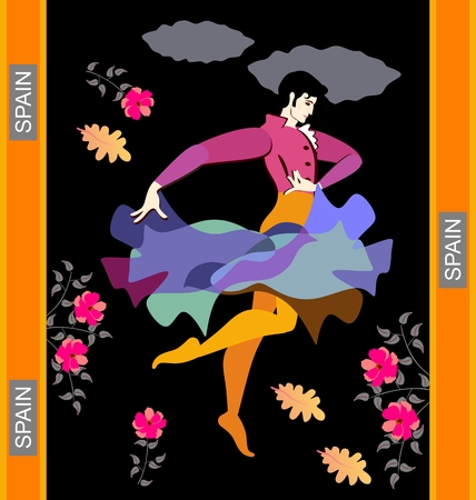 Flamenco dancer in Spanish national dress dances with cloak in the shape of flying bird against a black night sky with clouds, falling autumn leaves and flowering branches of trees. Vector image.のイラスト素材