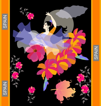 Flamenco dancer in Spanish national dress dances with shawl in form of flying bird and flower-shaped fan against night sky with moon and clouds, falling autumn leaves and flowering branches of trees.のイラスト素材