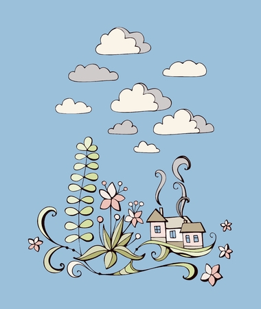 Fairy house with flowers and clouds. Vector illustration.のイラスト素材