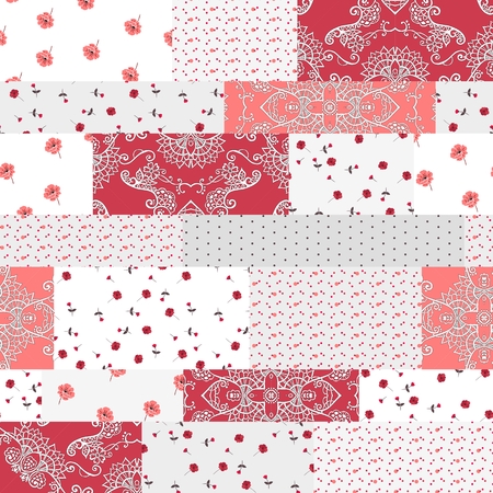 Patchwork pattern. Floral and ornamental patches in red and white colors. Seamless print for fabric. Vector illustration.のイラスト素材