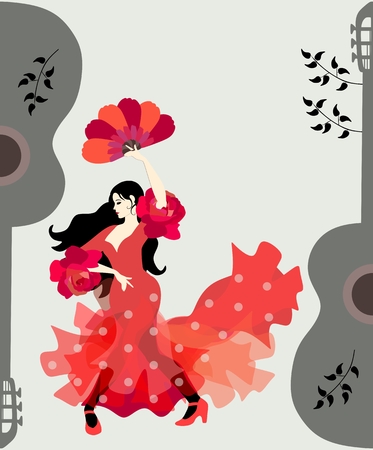 Spanish girl dressed in traditional flying red dress with polka dots and holding fan in her hands dancing flamenco. Silhouettes of guitars and branches with leaves on a gray background.のイラスト素材