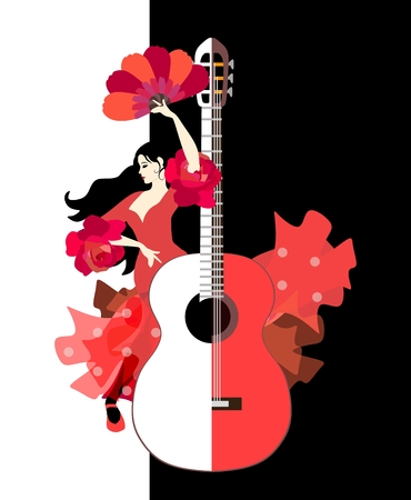 Beautiful Spanish girl dressed in long red dress with ruffles in form of roses and with fan in her hands dancing flamenco next to large stylized guitar on black and white background in vector.のイラスト素材
