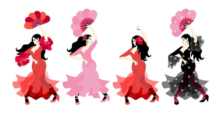 Spanish girls in colorful long dresses with castanets and fans dancing flamenco in their hands isolated on white background in vector. Great collection.のイラスト素材