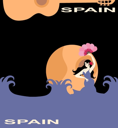 Mermaid with fan dancing flamenco in sea waves against moon on night sky background. Silhouette of guitar. Space for text. Concert banner. Tourist symbol.のイラスト素材