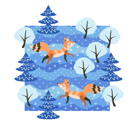Print for T-shirt. Cute cartoon foxes in winter forest. Christmas pattern.のイラスト素材