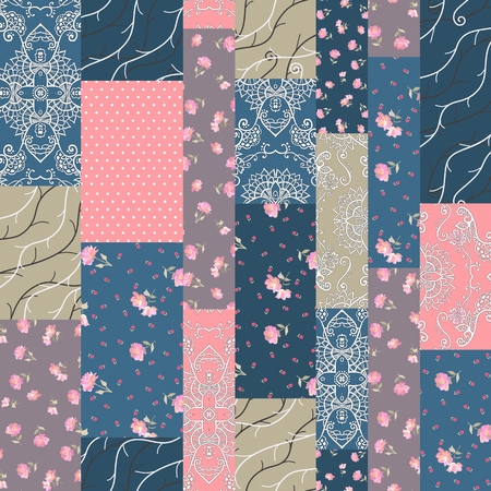 Cute patchwork pattern with lace, polka dot and floral patches in vector. Seamless print for fabric.のイラスト素材
