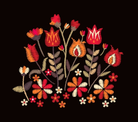 Embroidery with tribal motifs. Bright composition with flowers and leaves in folk style on black background. Vector embroidered illustration.のイラスト素材