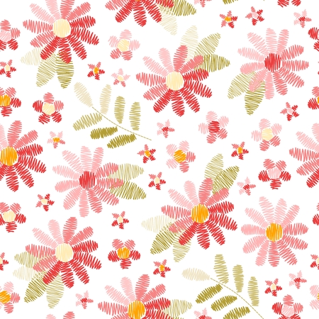 Embroidery seamless pattern with beautiful pink flowers on white background. Summer print. Fashion design. Vector embroidered illustration.のイラスト素材