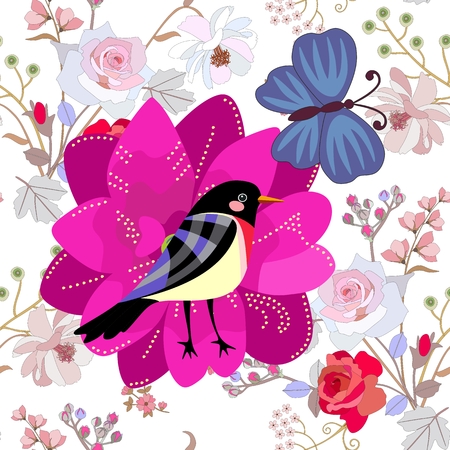 Seamless summer pattern with purple clematis flower, funny bird, big blue butterfly on gentle botanical background. Print for fabric, paper, wallpaper.の写真素材