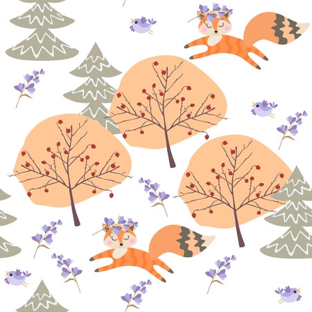 Seamless pattern with little funny foxes, birds, trees and bellflowers on white background.のイラスト素材