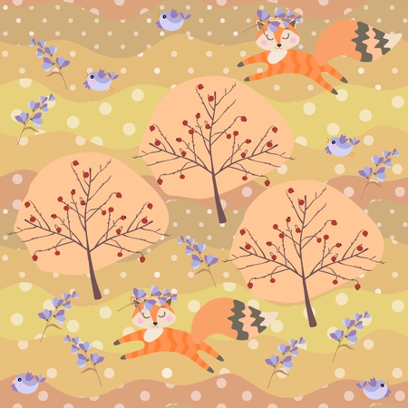Seamless autumn patchwork pattern with cute cartoon foxes in the forest. Print for fabric, wallpaper.のイラスト素材