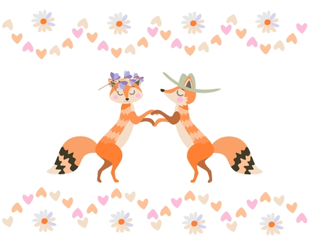 Cute cartoon foxes in love isolated on white background in vector. Valentine's day card.のイラスト素材