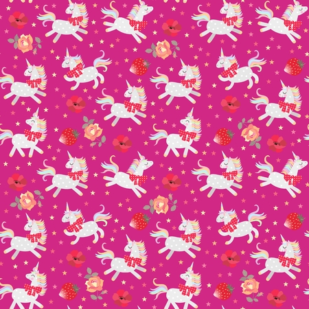 Bright seamless pattern with cute unicorns with bows, flowers, strawberries and stars. Magic picture. Vector illustration.のイラスト素材
