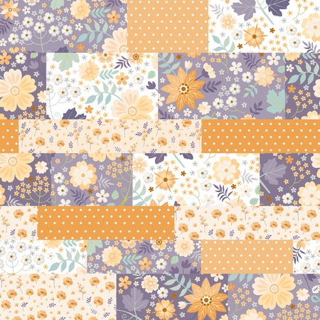 Patchwork seamless floral pattern. Beautiful yellow flowers and polka dot ornament. Summer design. Vector template.のイラスト素材