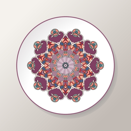 Decorative plate with mandala floral pattern. Ornament in ethnic style. Vector illustrationのイラスト素材