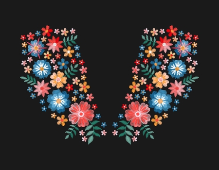 Embroidery neckline floral pattern.  Embroidered design with flowers for fashion clothing - t-shirts and blouses. Vector illustration.のイラスト素材