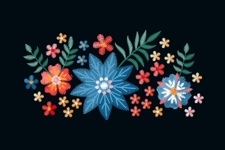 Colorful composition with embroidered summer flowers. Imitation of satin stitch. Vector illustration.のイラスト素材