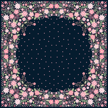 Silk scarf with beautiful pink flowers. Elegant bandana print. Vector illustration.のイラスト素材