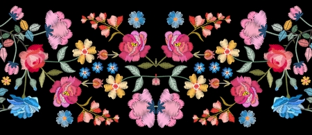 Colorful seamless embroidery border with beautiful flowers. Floral embroidered pattern on black background. Fashion print.のイラスト素材