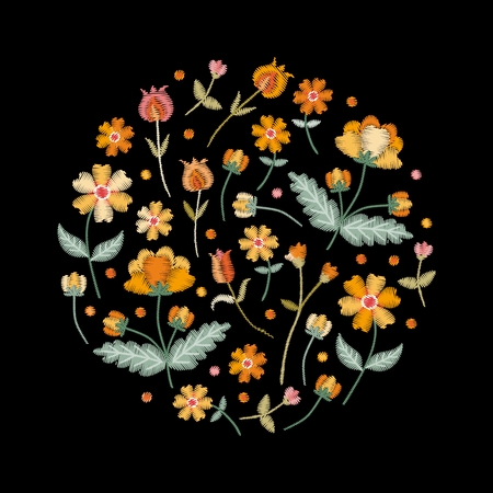 Embroidery circle pattern with beautiful yellow flowers. Colorful bouquet on black background. Floral vector illustration.のイラスト素材