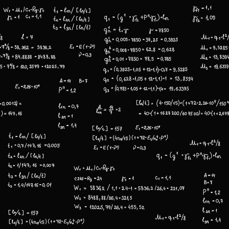 Seamless pattern with engineering and mathematics equation and calculations on blackboard. Endless hand writing vector illustration.のイラスト素材